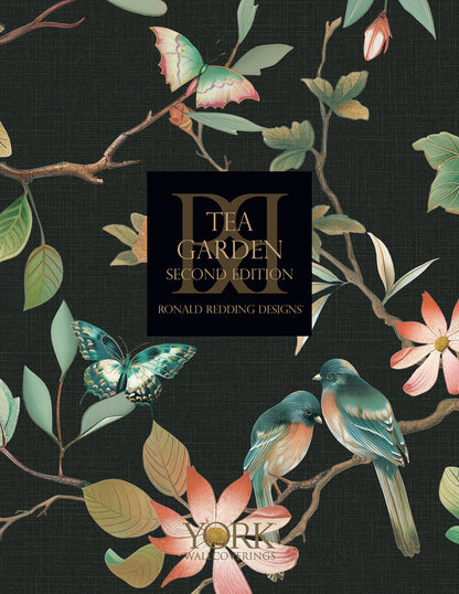 Dark botanical wallpaper featuring teal birds, pink flowers and butterflies in taupe and gold tones.