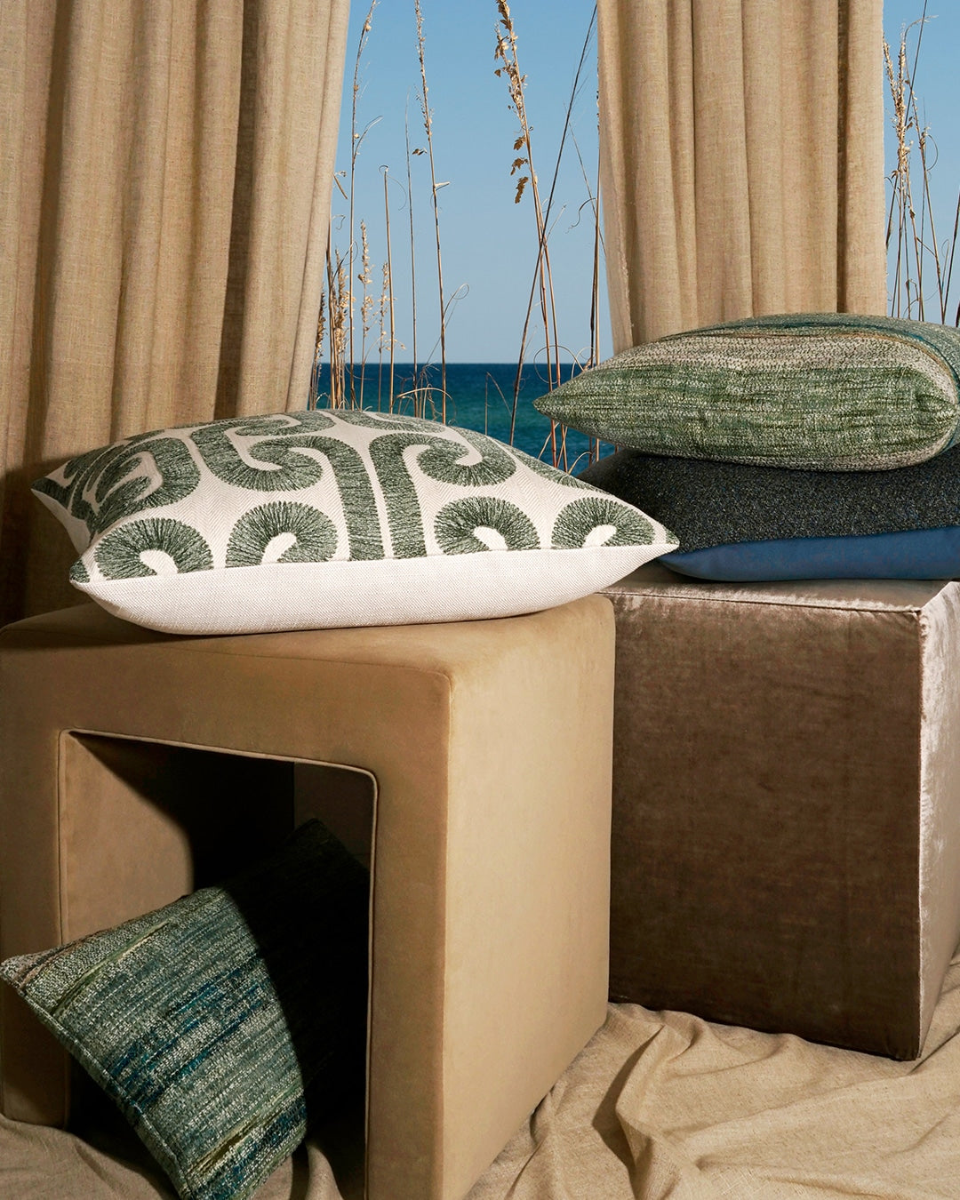 DV KAP Hathaway Juniper green throw pillow 24x24 luxury geometric embroidered accent pillow, viscose cotton linen blend fabric with feather down insert, modern sofa couch living room bedroom decor styling