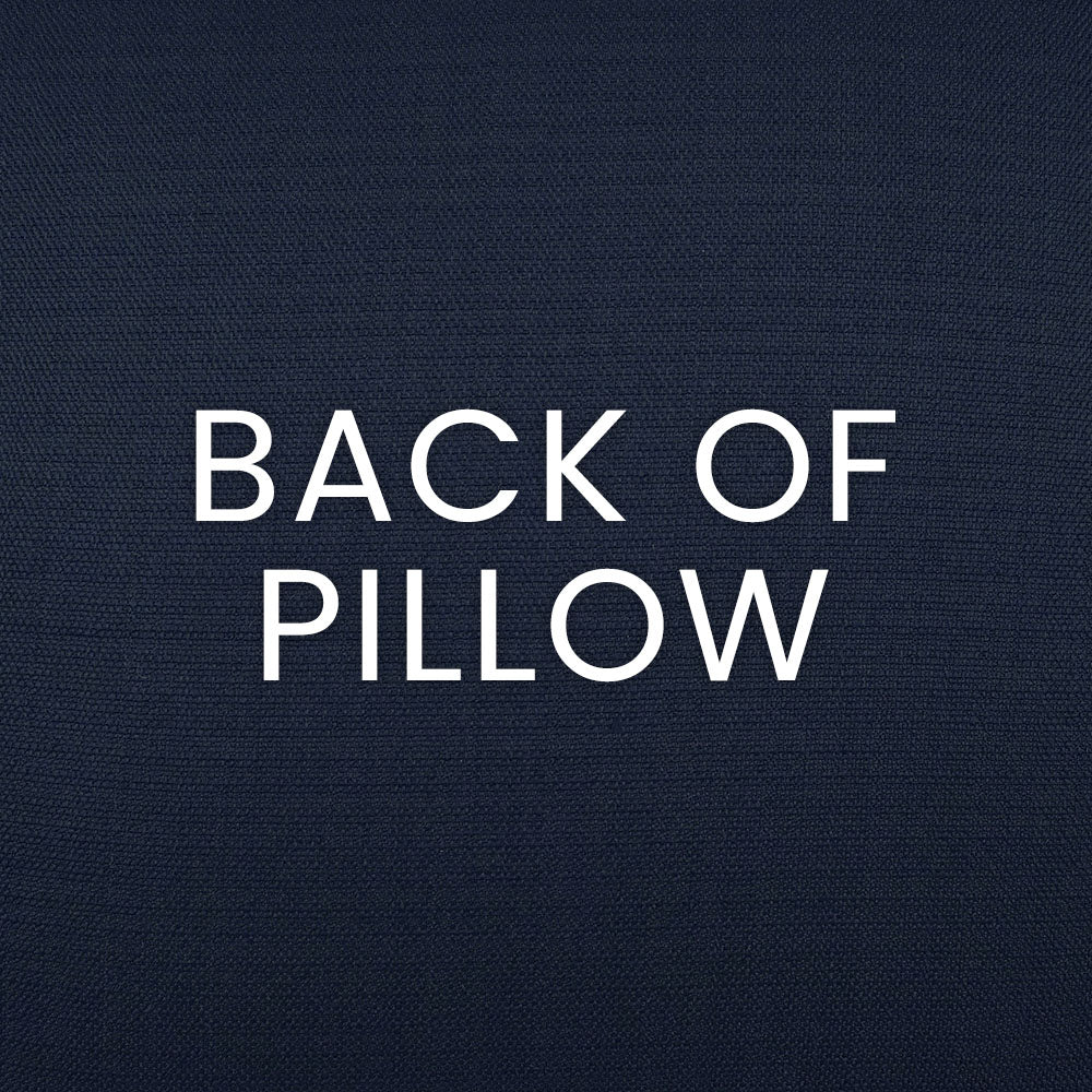 Back of navy pillow showing dark blue woven fabric and white 'BACK OF PILLOW' text.
