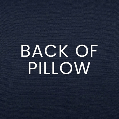 Back of navy pillow showing dark blue woven fabric and white 'BACK OF PILLOW' text.