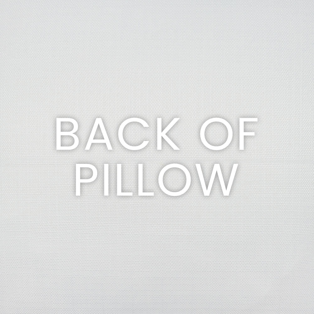 Light gray textured linen fabric background with white raised 'BACK OF PILLOW' lettering.