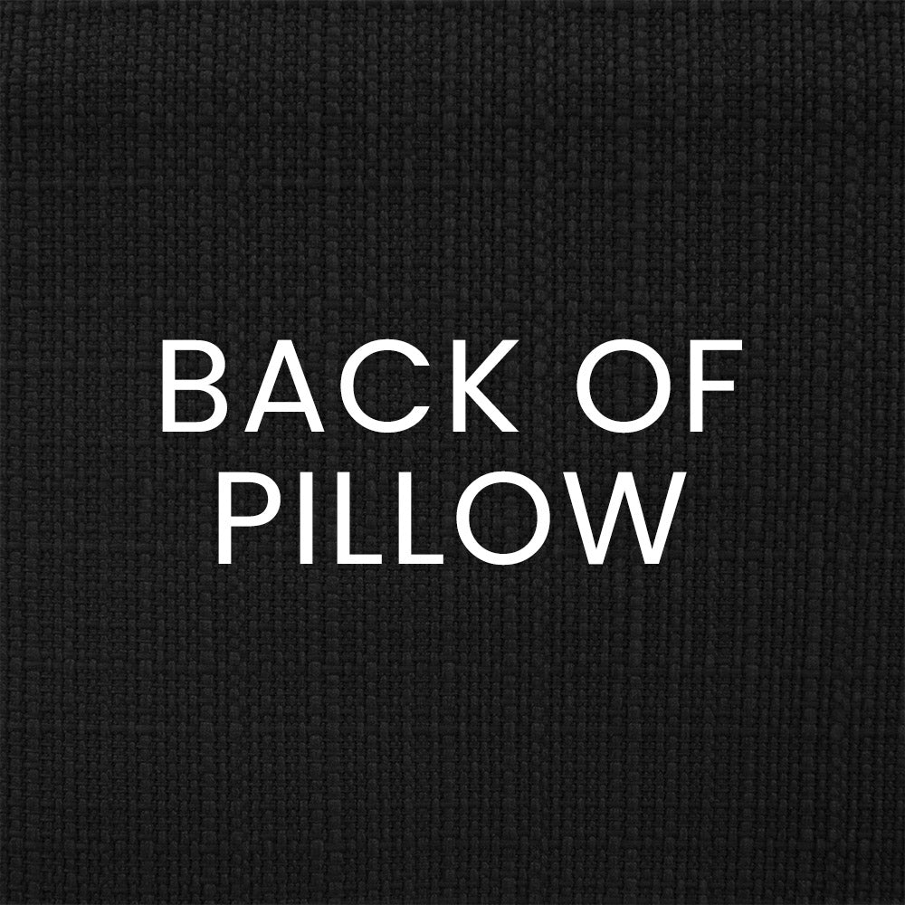 Black textured fabric background with white BACK OF PILLOW text, showing the pillow's reverse side.