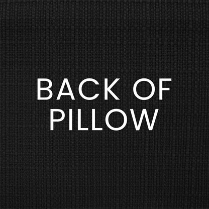 Black textured fabric background with white BACK OF PILLOW text, showing the pillow's reverse side.
