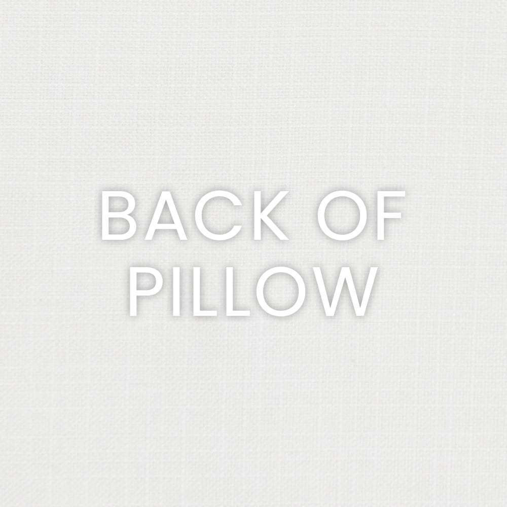 Back of pillow in light gray linen-textured fabric with subtle weave.