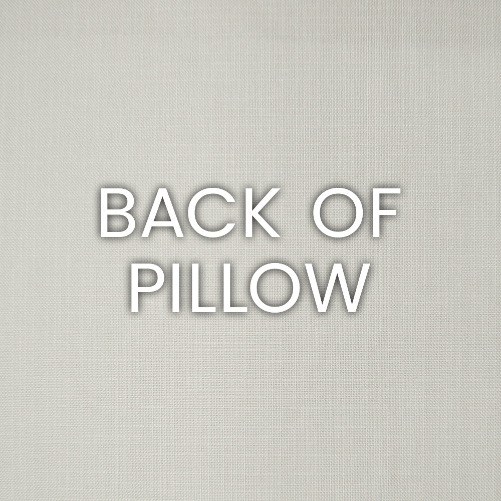 Back of beige textured fabric pillow with white embossed text BACK OF PILLOW.