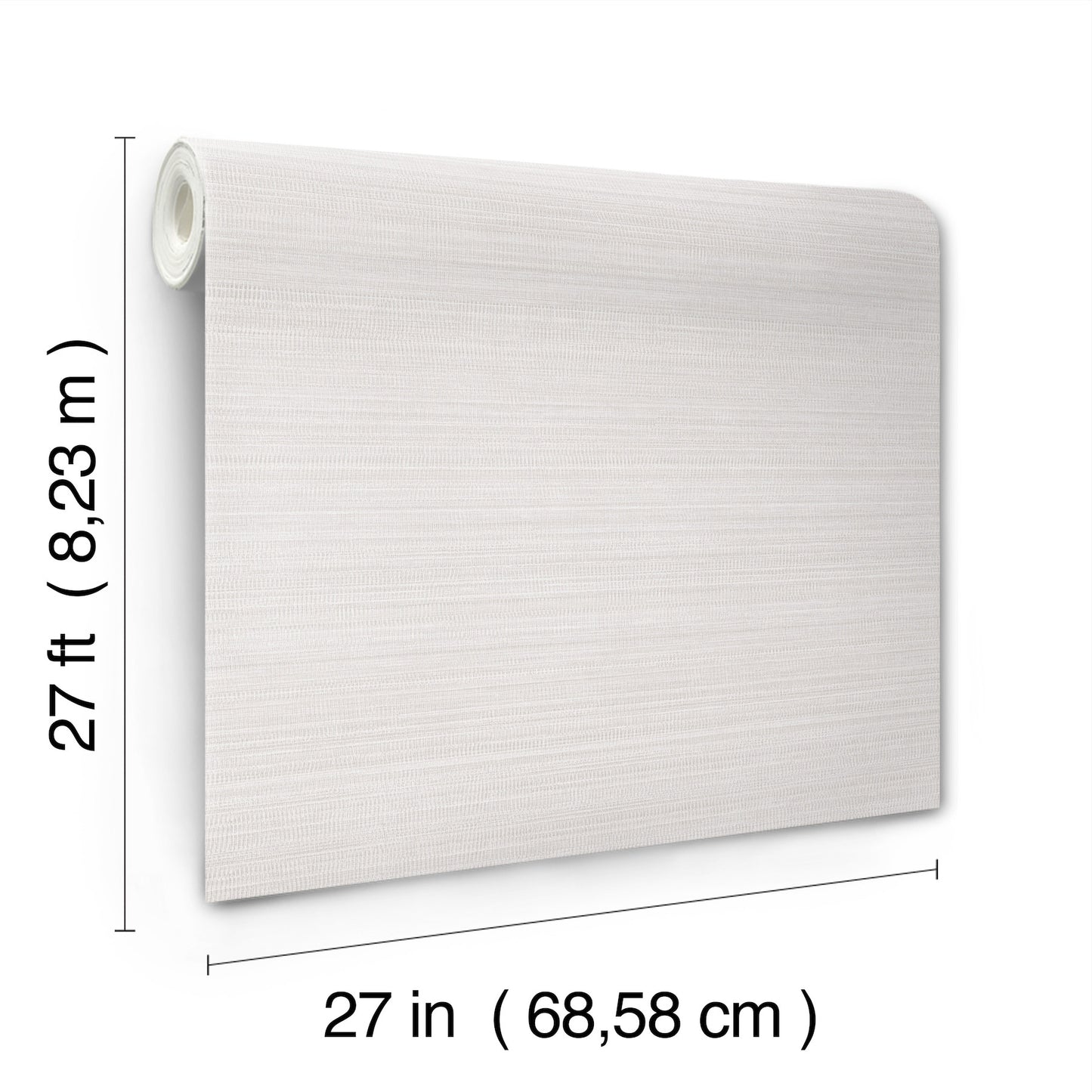 White fabric-textured wallpaper sample, square 27 in by 27 in with rolled top-left edge.