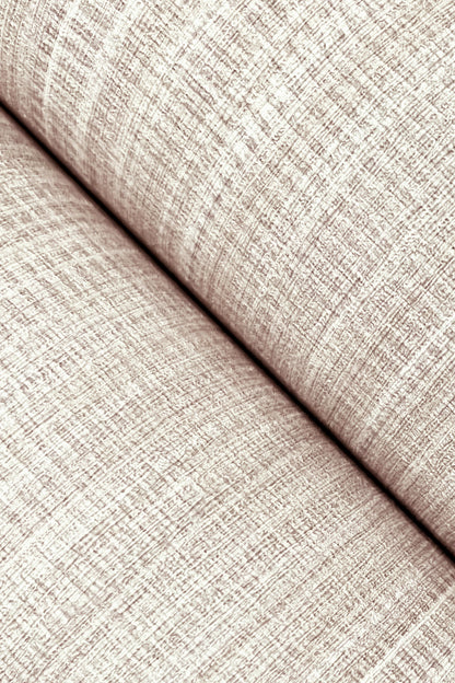 Beige linen-like wallpaper close-up with a textured grid pattern and rolled edge.