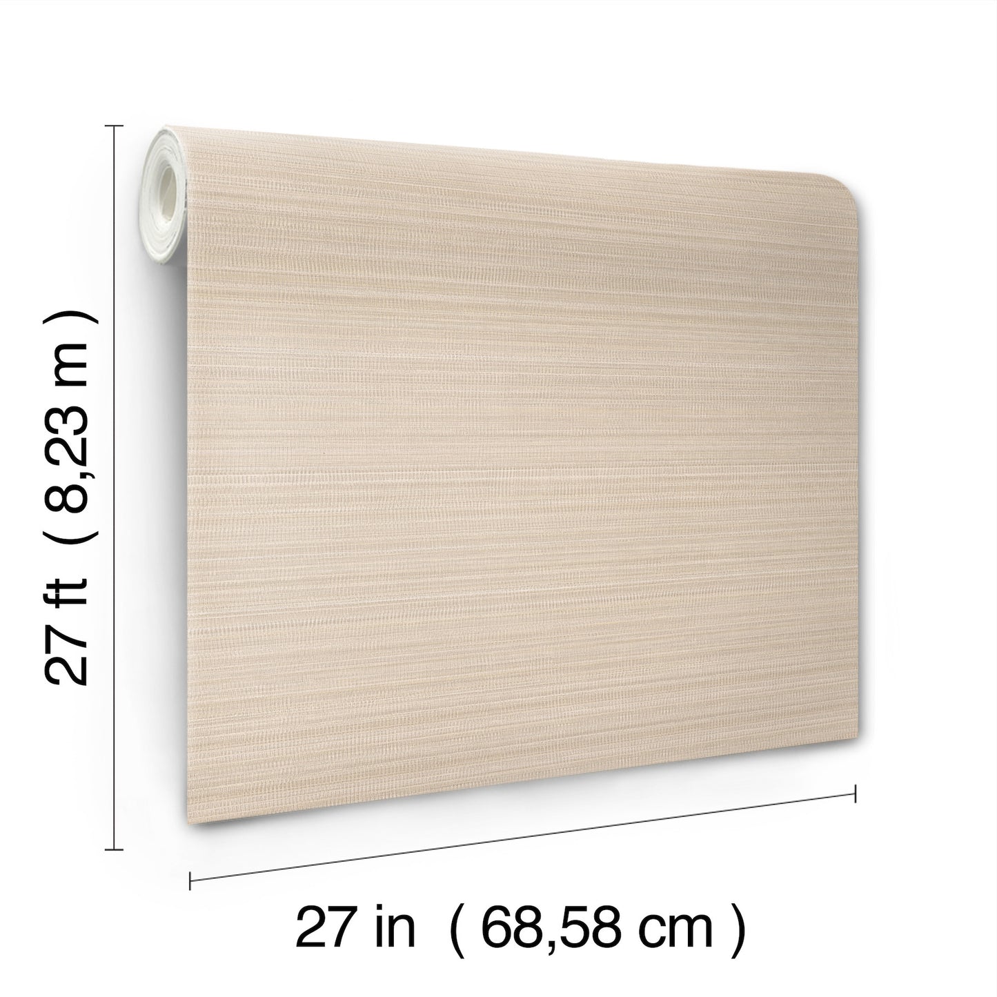 Beige textured wallpaper roll, 27 in wide by 27 ft long.