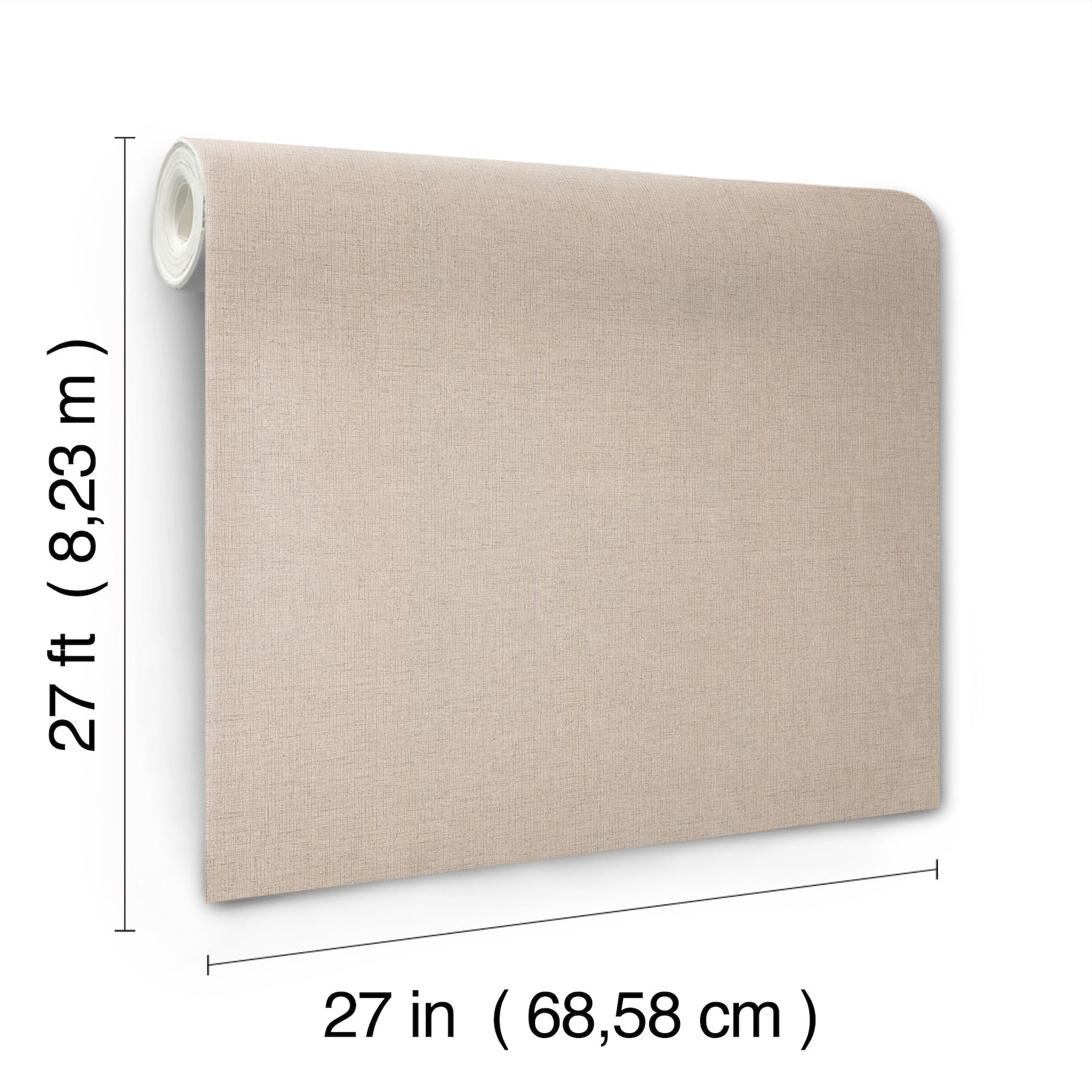 Beige linen-jute wallpaper with a woven texture, 27 in wide by 27 ft long.