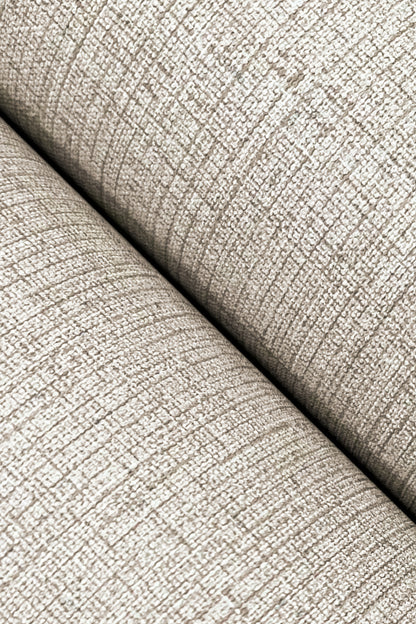 Grey linen-textured wallpaper with a subtle woven grid pattern.