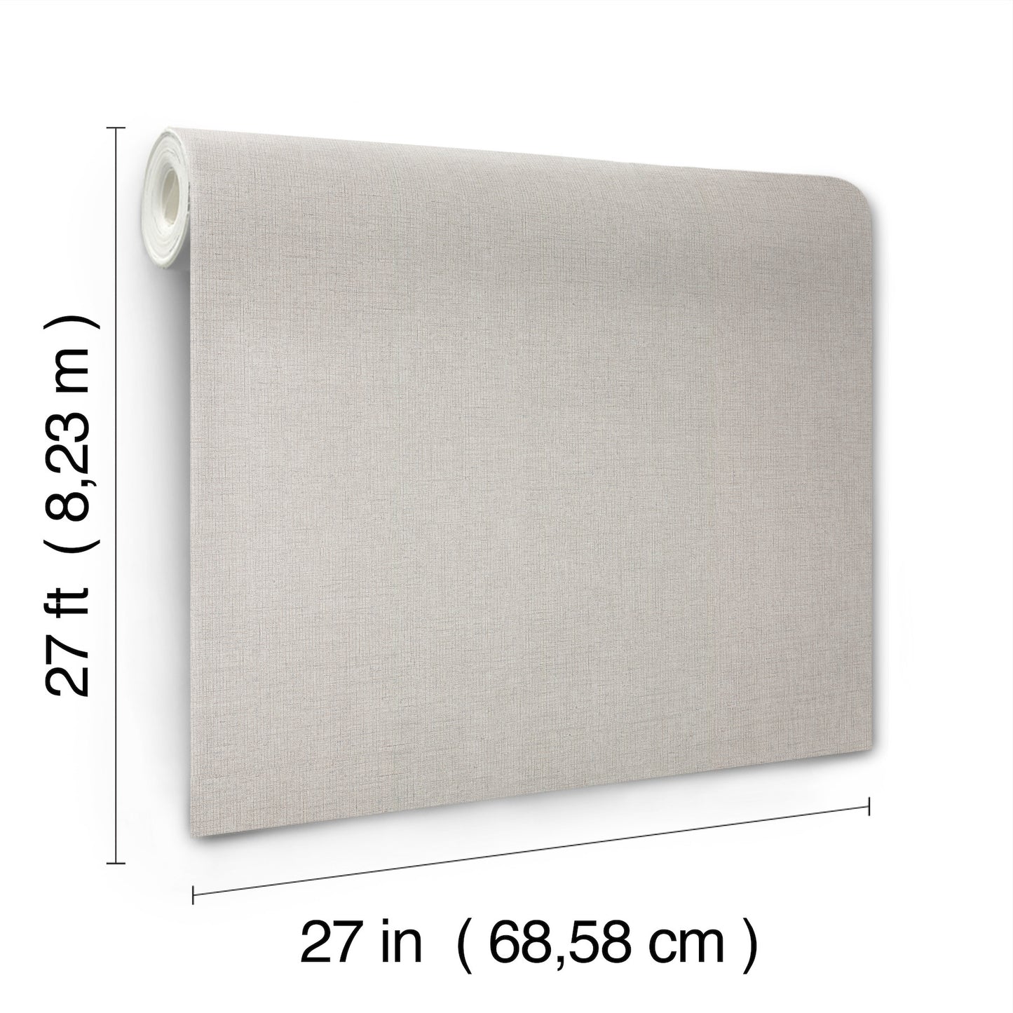 Beige linen-textured wallpaper, 27x27 in, rolled left edge, soft textured finish.