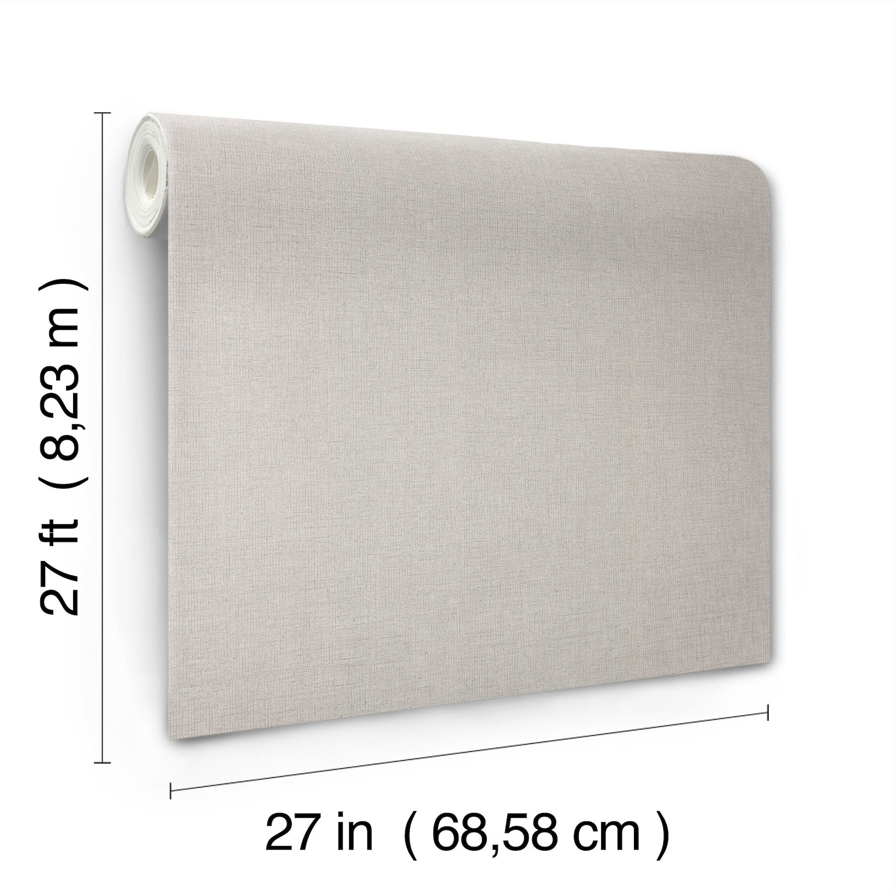 Beige linen-textured wallpaper, 27x27 in, rolled left edge, soft textured finish.