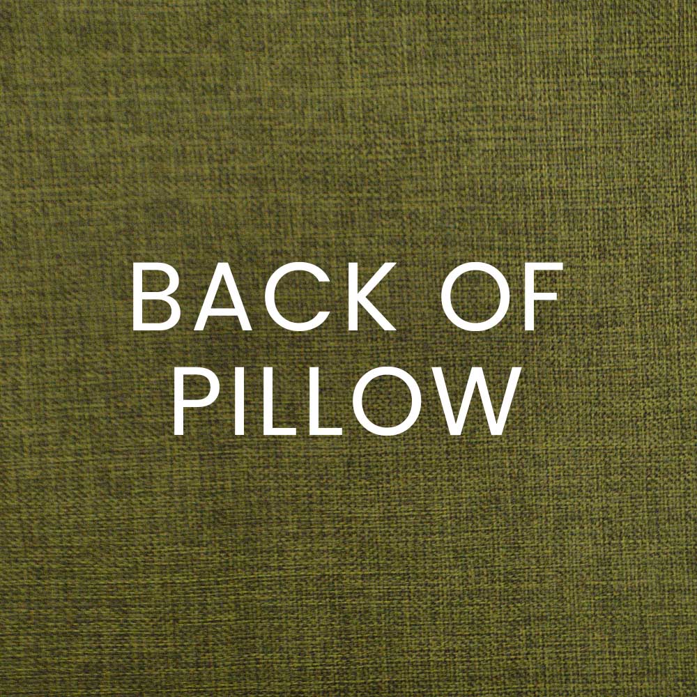 Olive green, linen-textured pillow with white 'BACK OF PILLOW' lettering.
