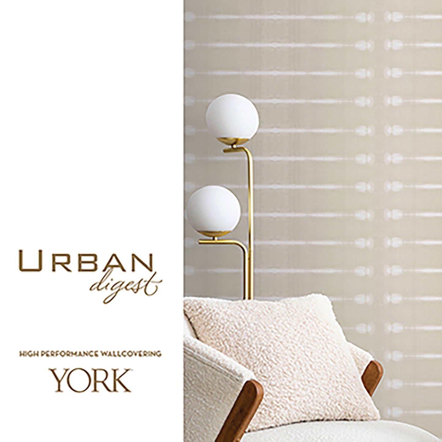 Wallpaper cover image featuring a gold lamp with white globe lights beside beige cushions and a striped backdrop.