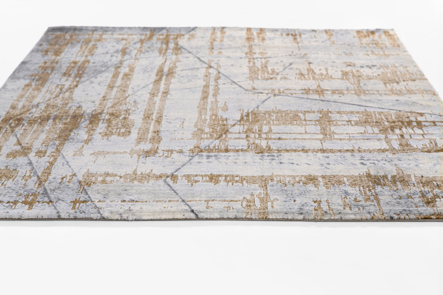 Modern abstract runner rug in blue and beige with distressed geometric lines.