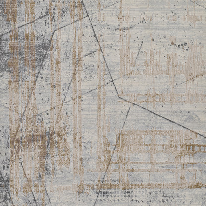 Abstract blue-gray rug with tan vertical streaks and dark diagonal lines in a distressed geometric pattern.