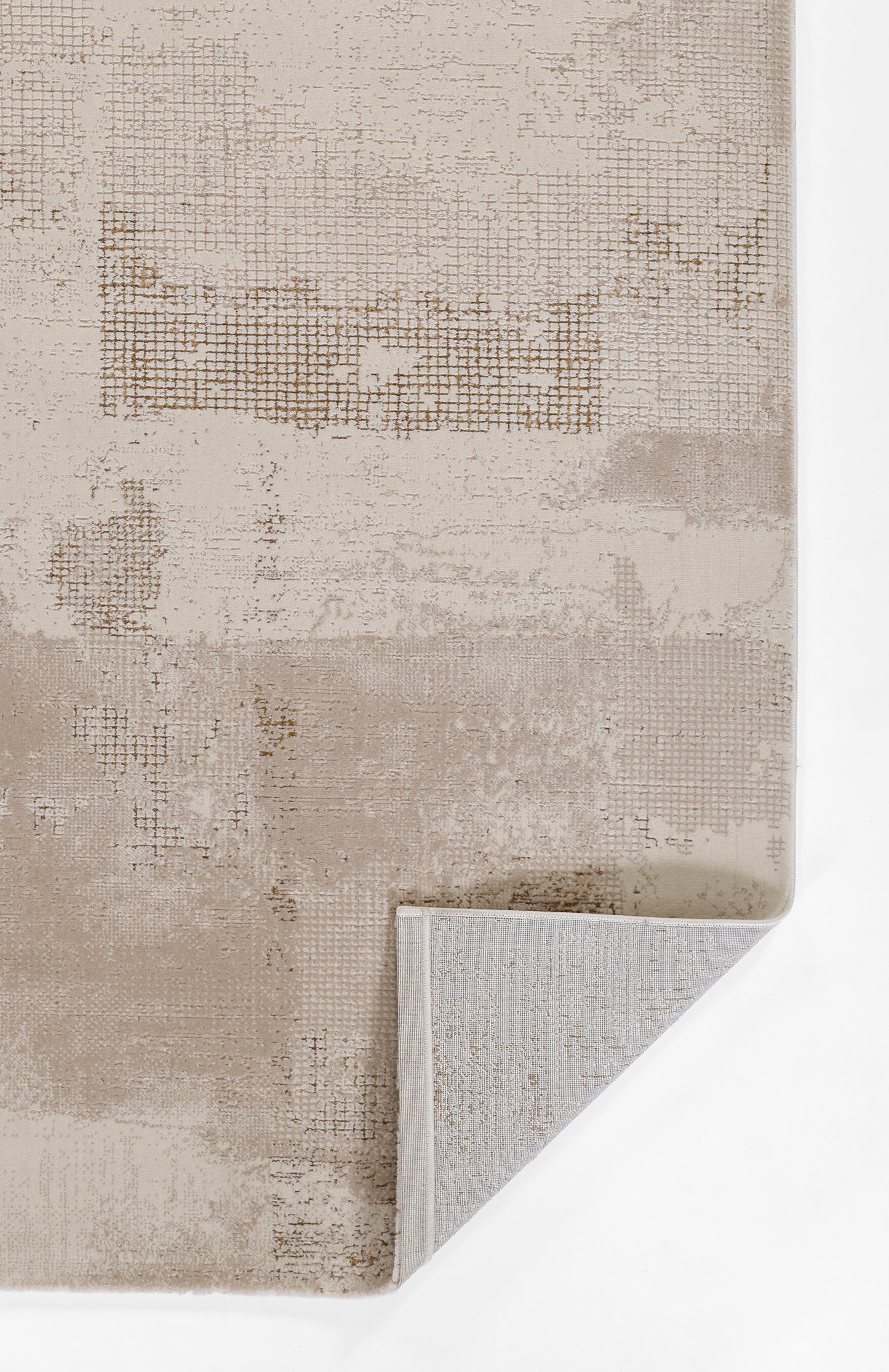 Beige abstract runner rug with taupe grid textures and distressed pattern; folded corner reveals light grey underside.