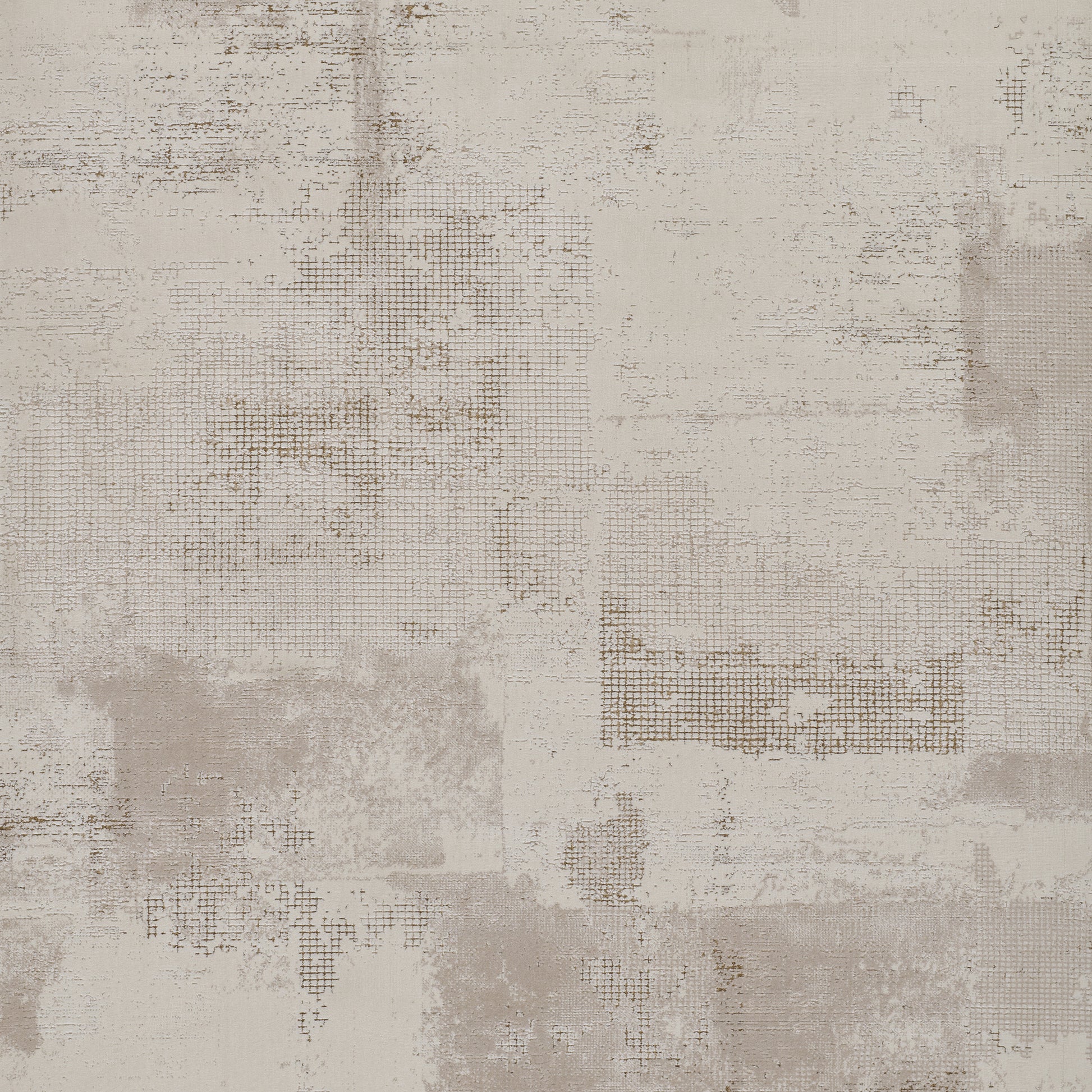 Beige distressed patchwork rug with grid textures; neutral, contemporary area rug for living rooms.