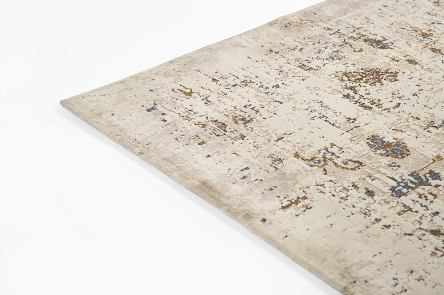 Beige vintage distressed runner rug with blue and brown accents, edge visible, 2' x 8'.