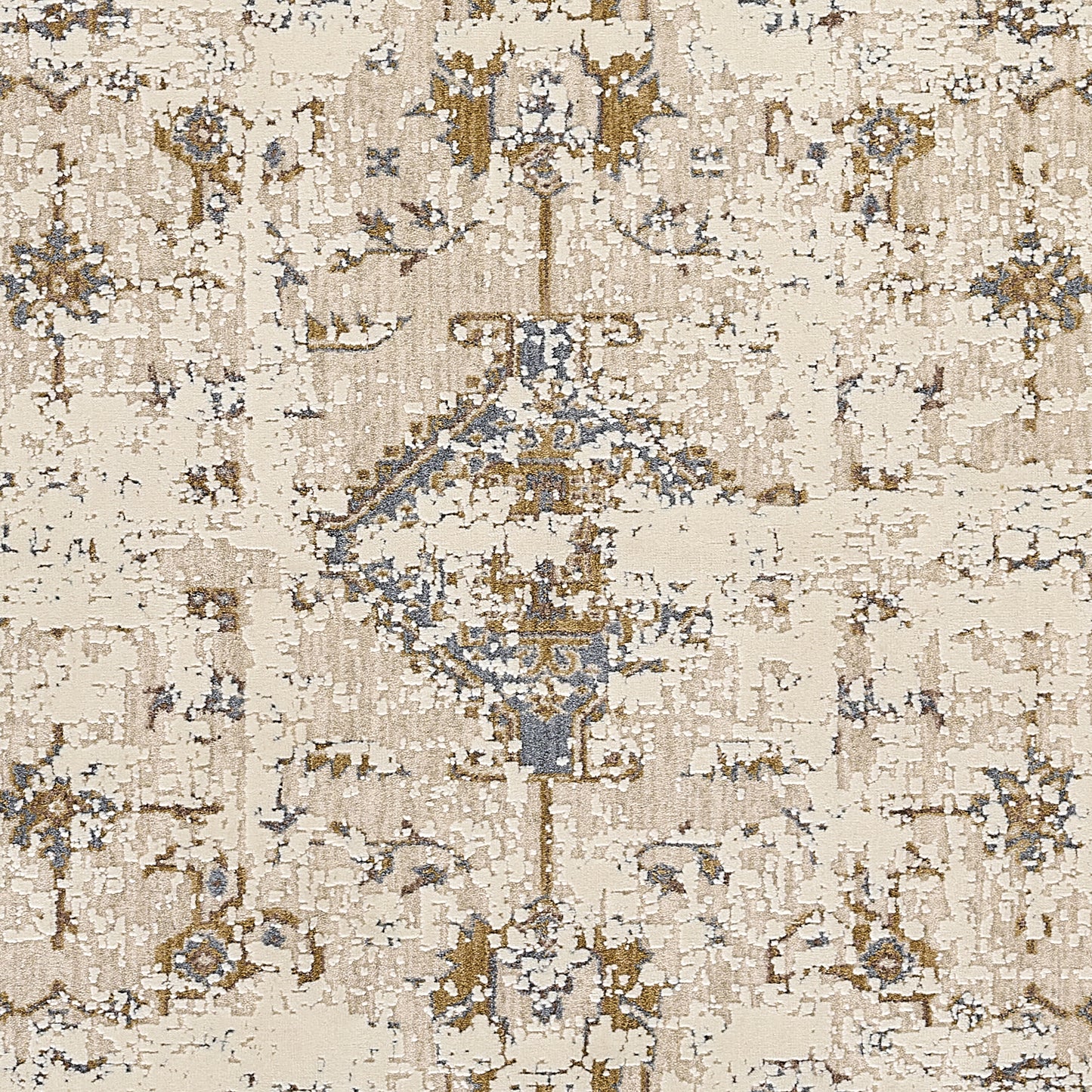 Cream distressed oriental rug with blue and gold medallion and floral motifs; vintage, textured pile.