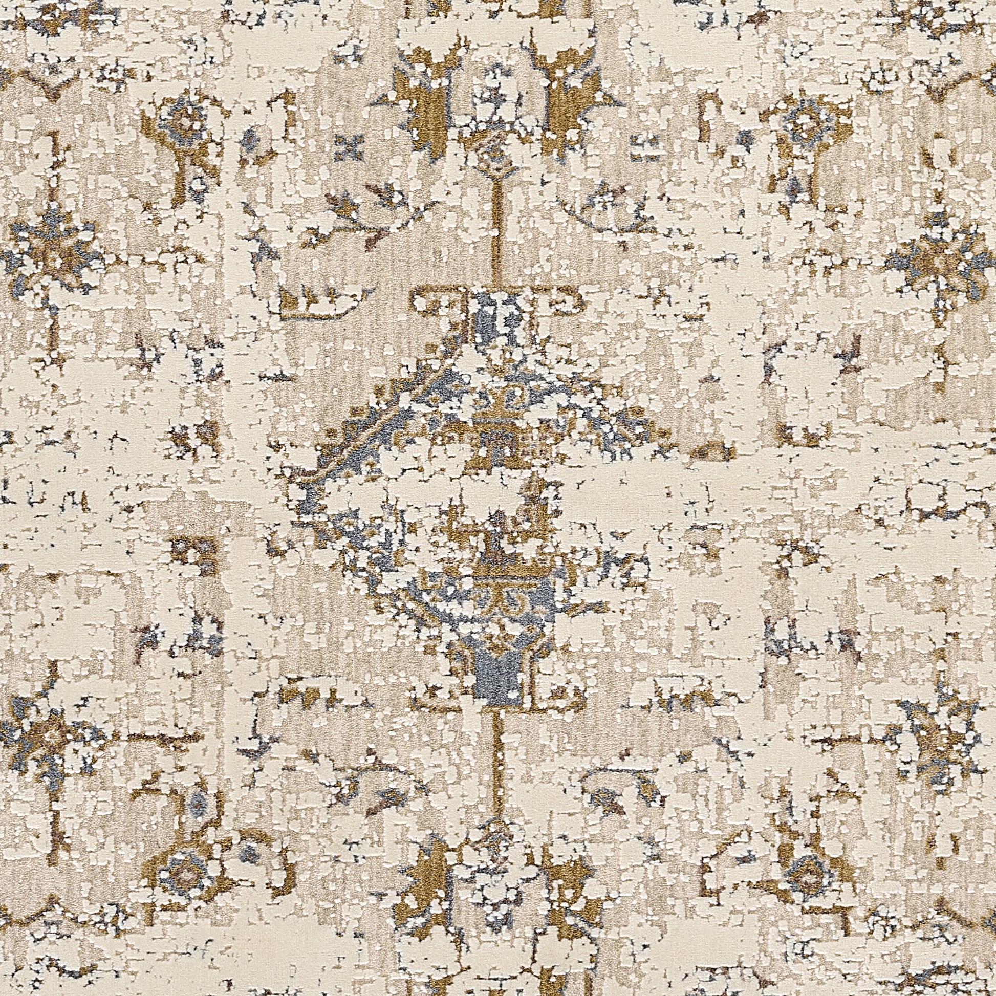 Beige distressed oriental rug with blue and gold medallion center and scattered floral motifs.