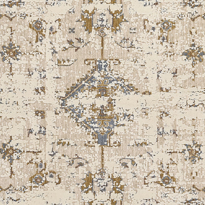 Beige distressed oriental rug with blue and gold medallion center and scattered floral motifs.