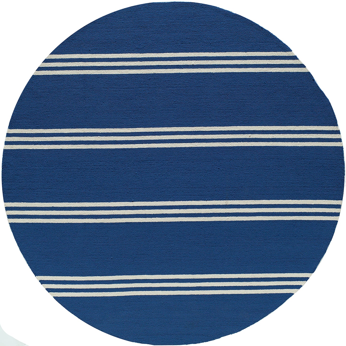 Blue circular rug with thin white stripes, textured woven surface, modern coastal style.