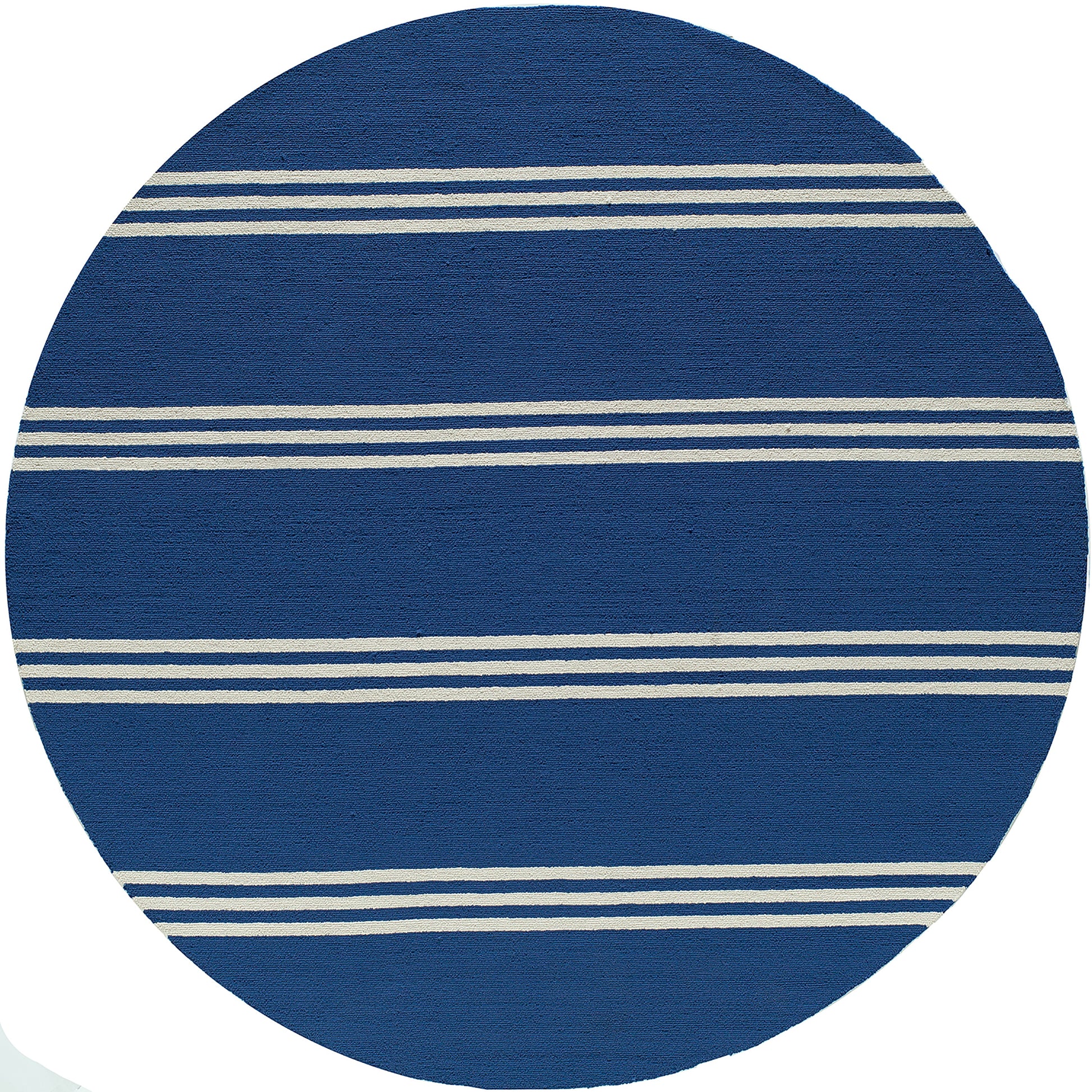 Blue circular rug with thin white stripes, textured woven surface, modern coastal style.