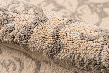 Taupe and beige sherpa-style plush rug with dense looped pile, cozy shag look.