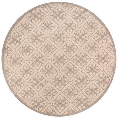 Round taupe rug with beige damask floral pattern, plush textured surface, elegant traditional style.