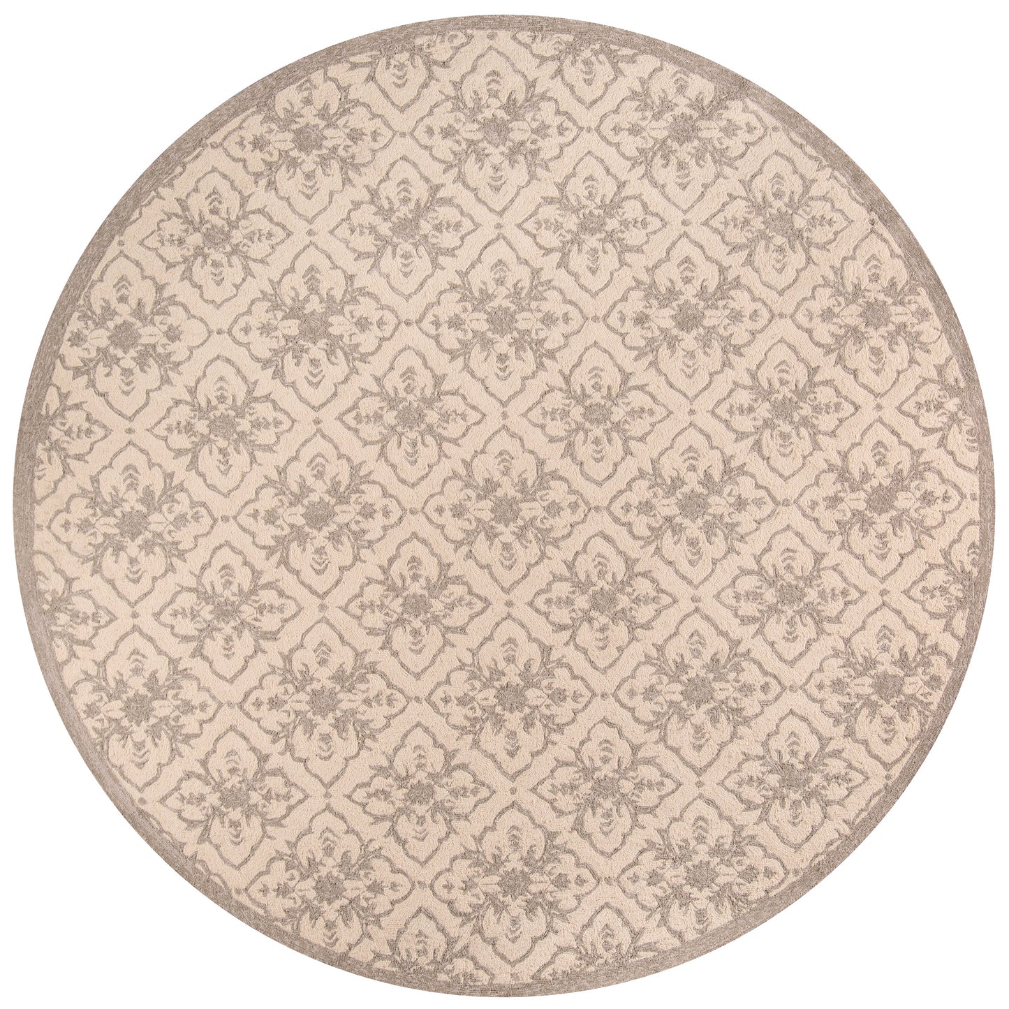 Round taupe & beige patterned rug with damask floral motif, woven texture, ideal for living room or entryway.
