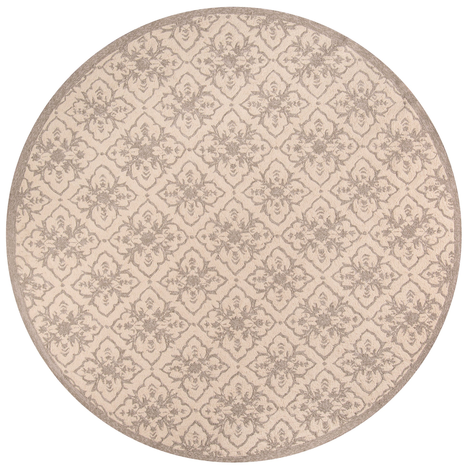 Round taupe & beige patterned rug with damask floral motif, woven texture, ideal for living room or entryway.