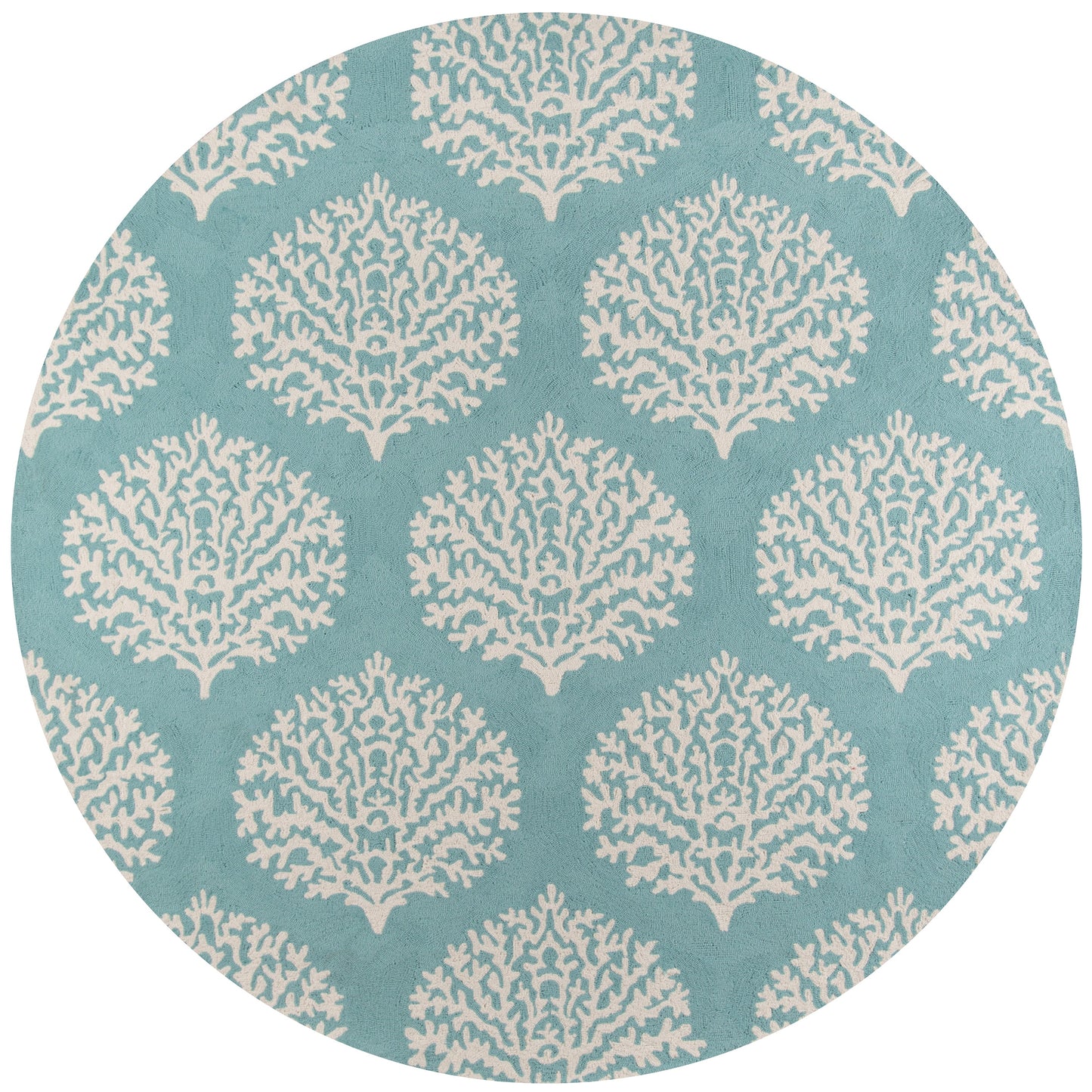 Round teal disc with white coral pattern, coastal decorative piece.