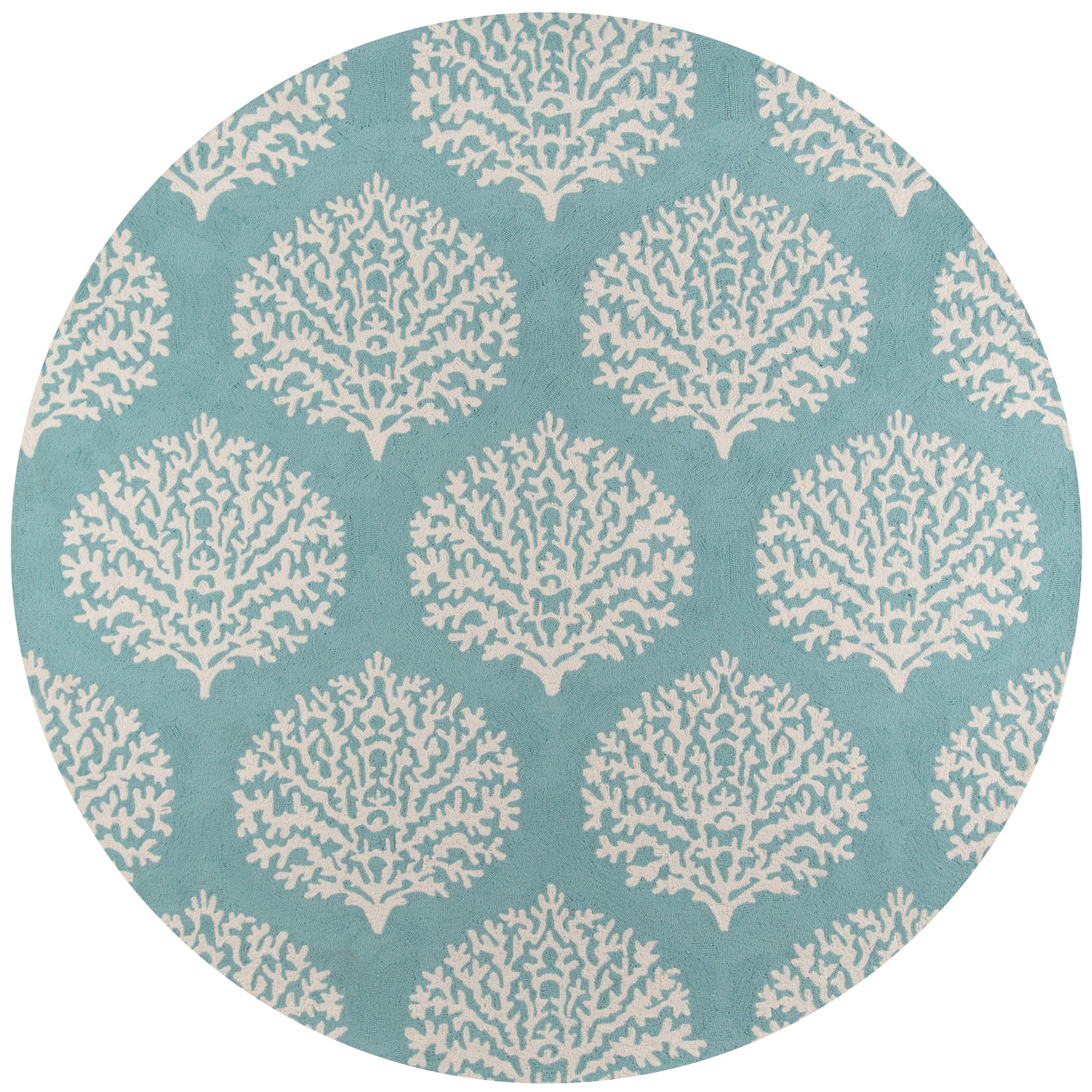 Circular teal background with a white coral-inspired repeating pattern.