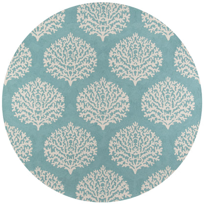 Circular teal background with a white coral-inspired repeating pattern.