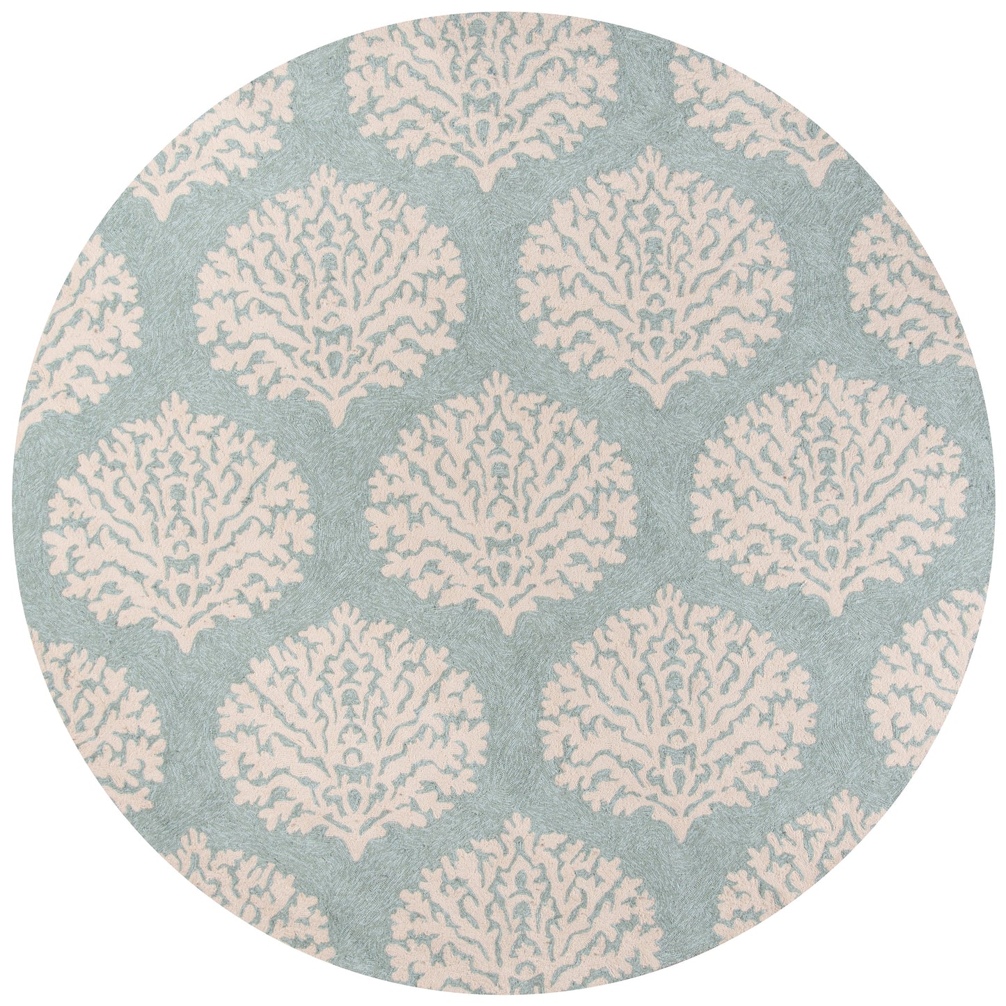 Rectangular blue-gray rug with cream damask coral motifs.