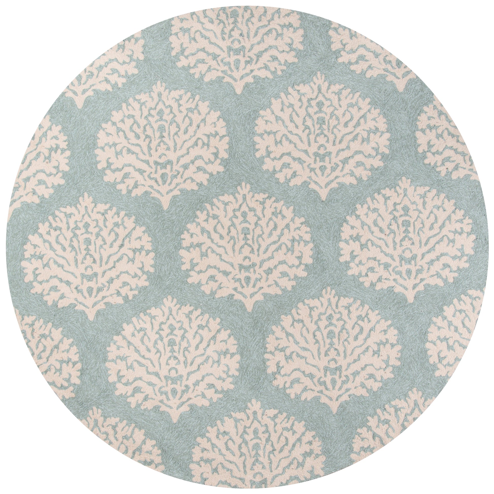 Rectangular blue-gray rug with cream damask coral motifs.