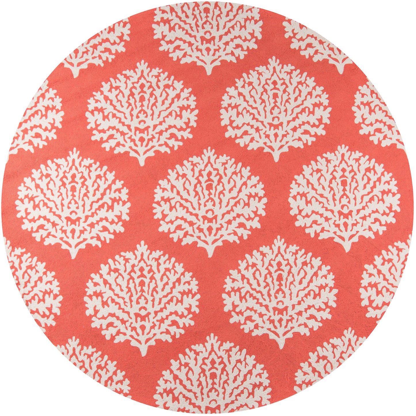 Round rug with white coral reef motifs on a coral background, coastal decorative floor covering.