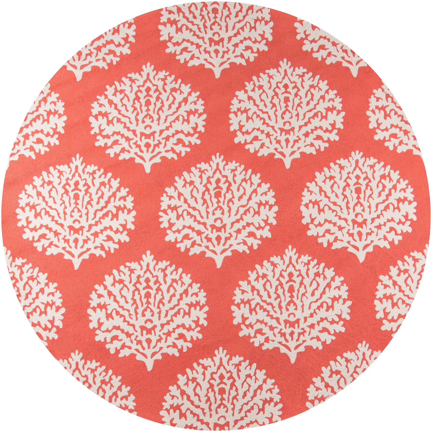 Round rug with white coral reef motifs on a coral background, coastal decorative floor covering.