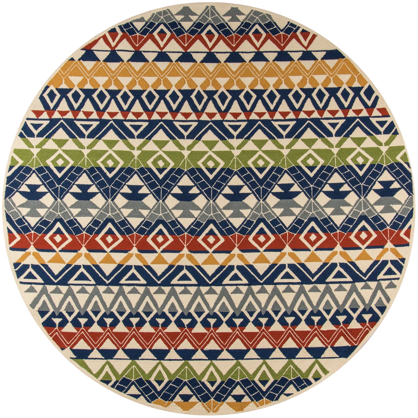 Beige rectangular rug (2' x 3') with blue and red geometric zigzag trim along the top edge, shown against a blurred neutral background.