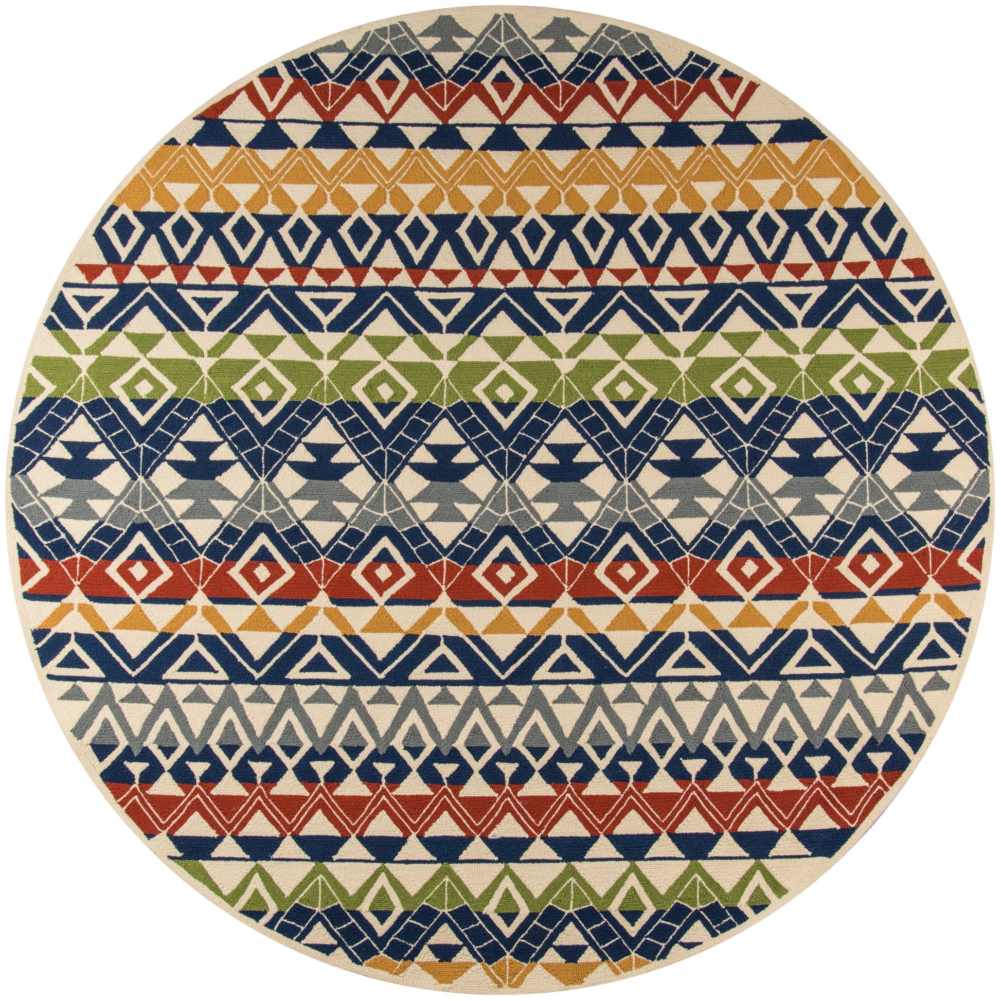 Beige rectangular rug (2' x 3') with blue and red geometric zigzag trim along the top edge, shown against a blurred neutral background.
