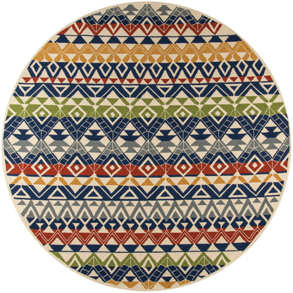 Beige rectangular rug (2' x 3') with blue and red geometric zigzag trim along the top edge, shown against a blurred neutral background.