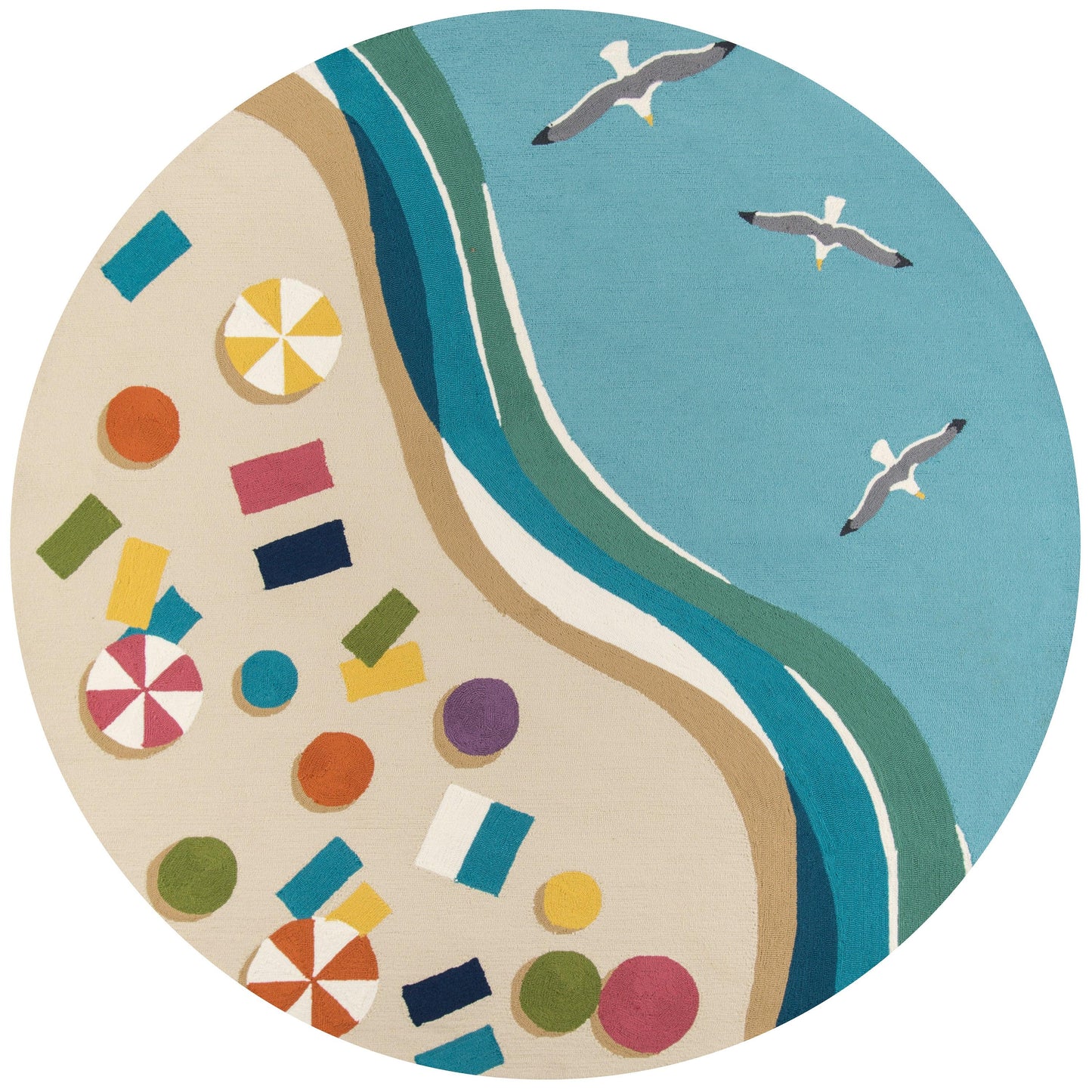 Round beach-themed rug with beige sand, colorful geometric shapes, turquoise sea, and flying seagulls.