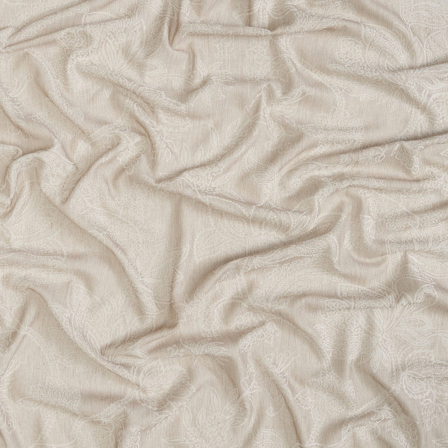 Beige damask fabric with a subtle jacquard pattern; sheer, drapable textile suitable for bedding or upholstery.
