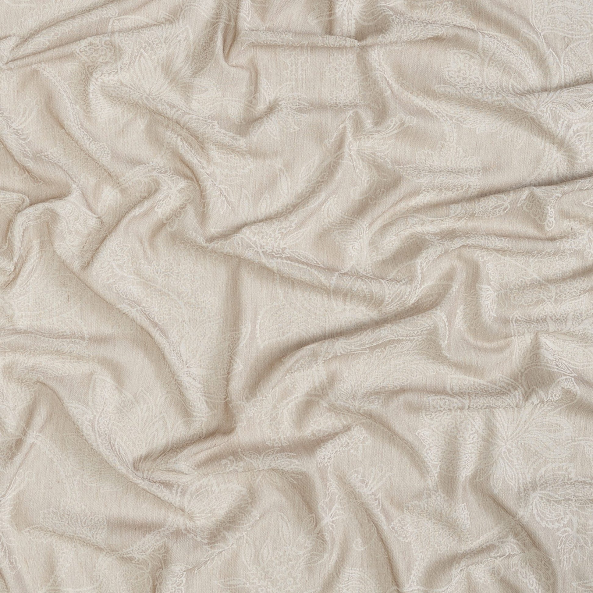 Beige damask fabric with a subtle jacquard pattern; sheer, drapable textile suitable for bedding or upholstery.