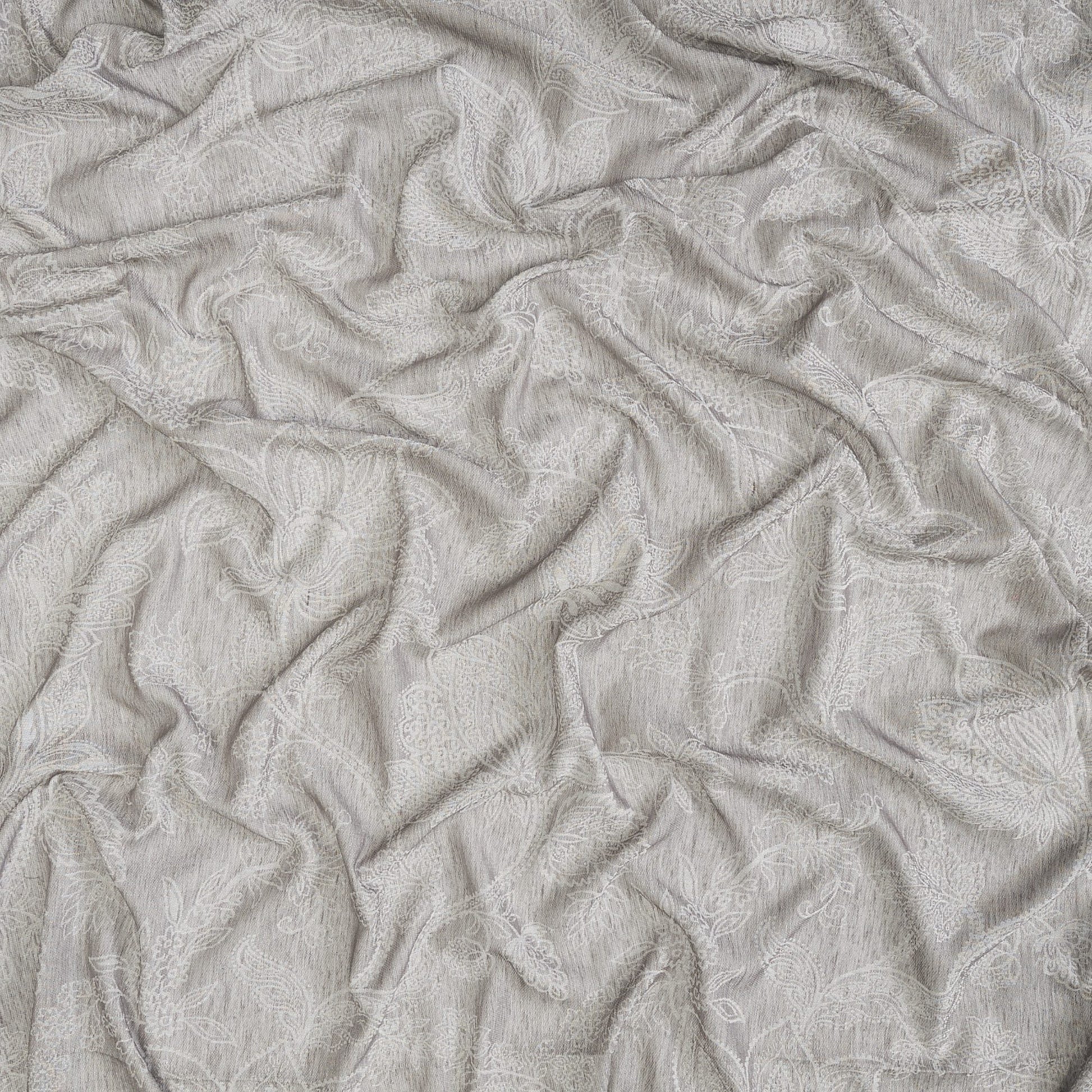 Ivory and brown damask jacquard fabric with a sheer, wide-width weave.