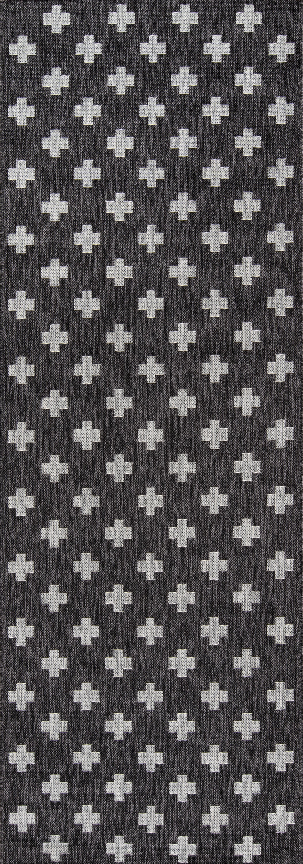 Charcoal gray woven rug runner with repeating white plus motifs; geometric pattern, 2' x 10'.