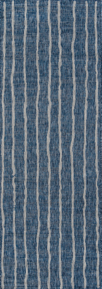 Blue denim-style fabric with white vertical pinstripes and a textured weave.