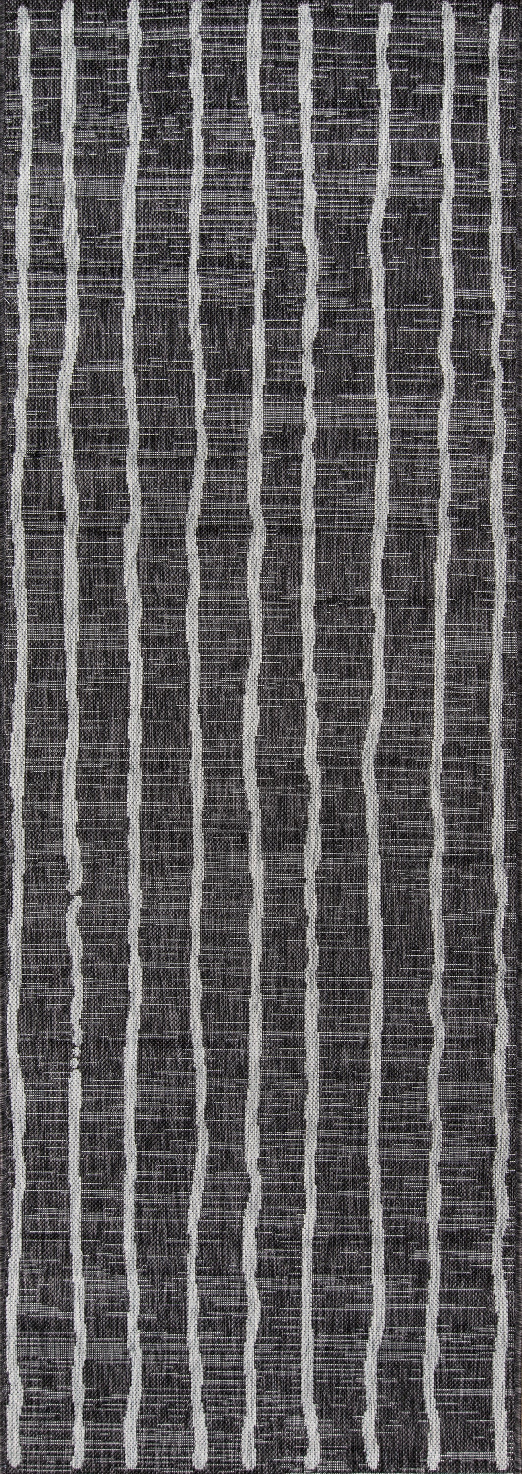 Charcoal woven rug with irregular white vertical stripes; modern rug, 5' x 8'.