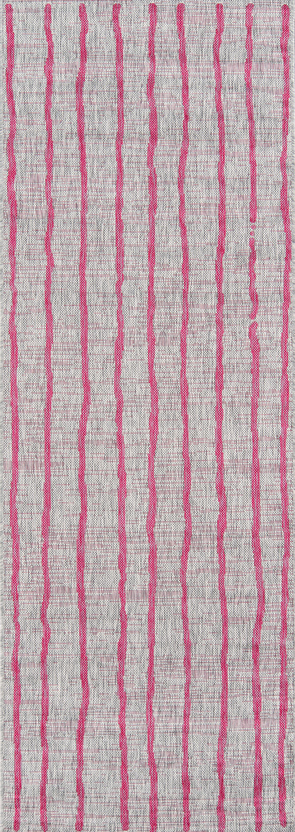 Gray textured fabric with evenly spaced vertical hot pink stripes; bold striped textile pattern.